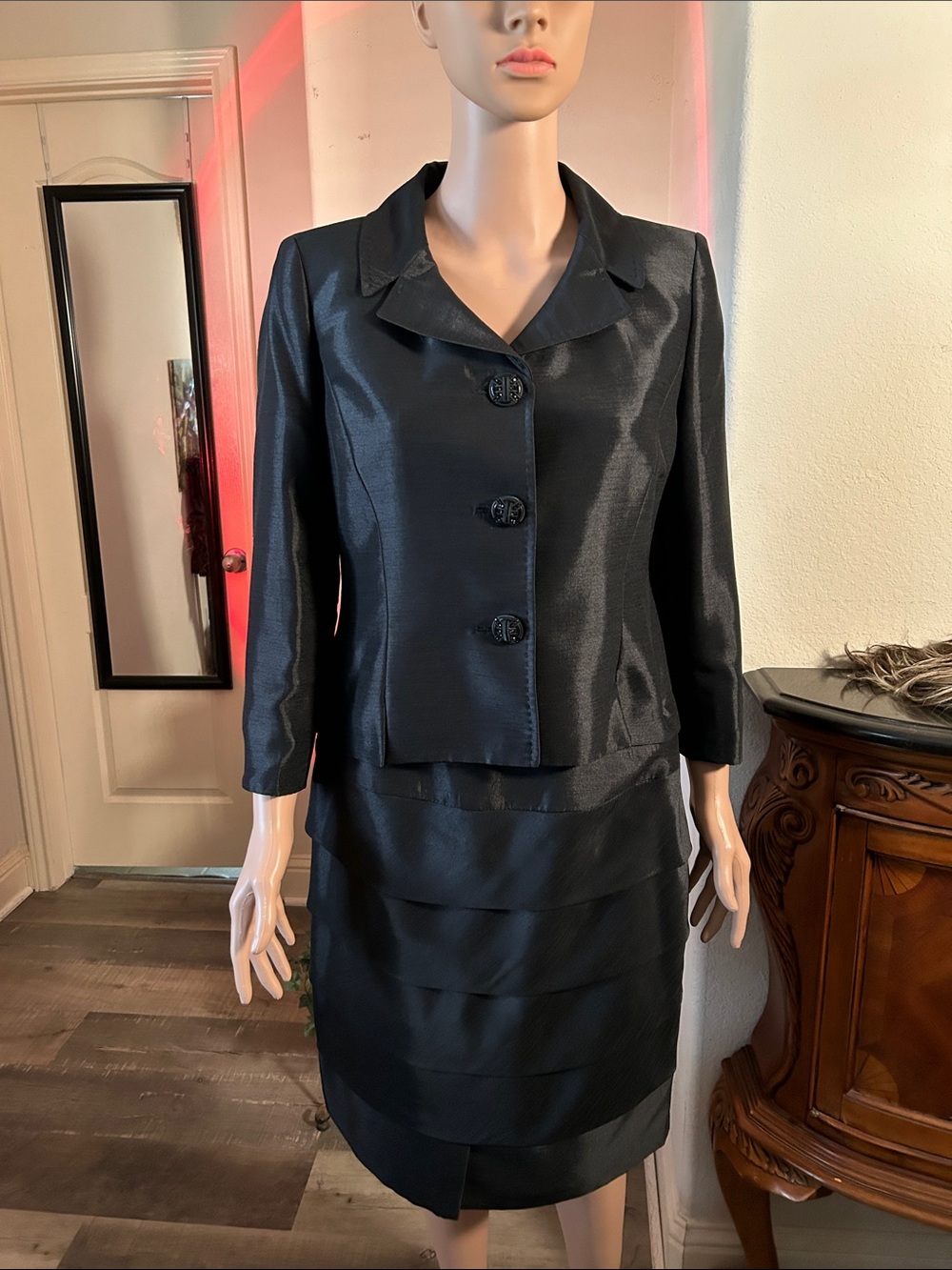 Kasper Black Women's Satin-Look Blazer and Skirt Suit